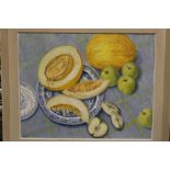 A FRAMED OIL ON BOARD STILL LIFE OF MELONS AND OTHER FRUIT, SIGNED HEATHER TAYLOR LOWER RIGHT,