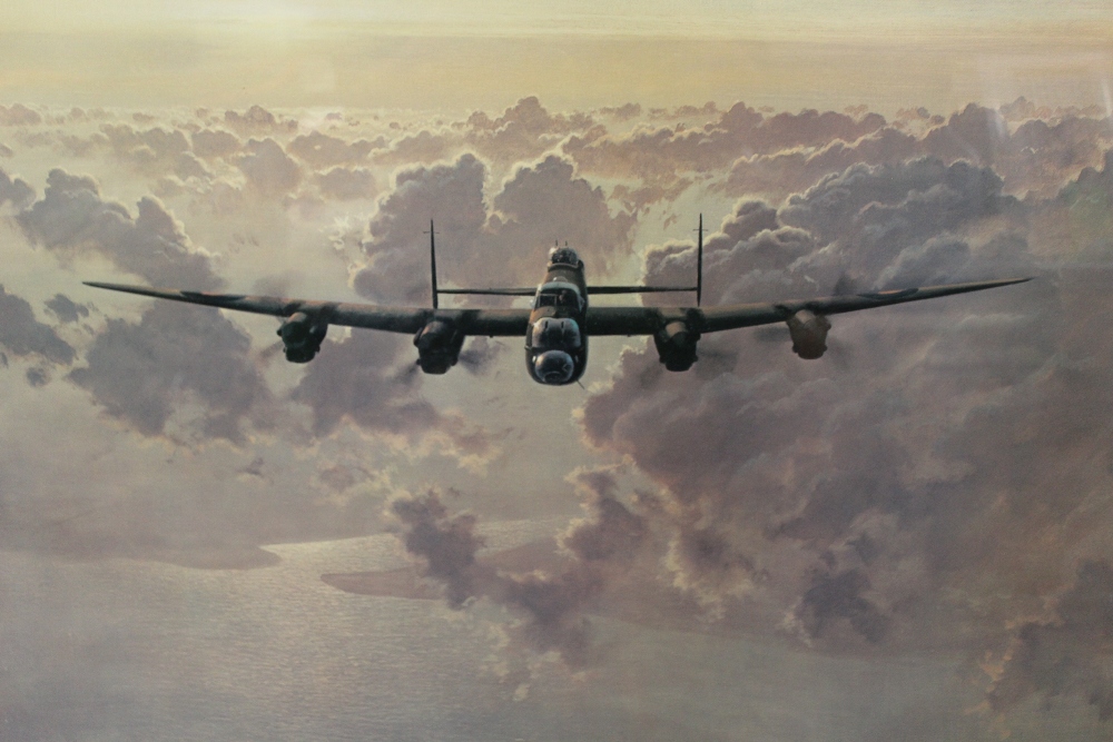 A LARGE FRAMED AND GLAZED COULSON PRINT OF A BOMBER - OVERALL HEIGHT 61.5 CM , TOGETHER WITH A