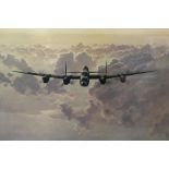 A LARGE FRAMED AND GLAZED COULSON PRINT OF A BOMBER - OVERALL HEIGHT 61.5 CM , TOGETHER WITH A