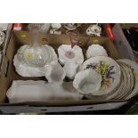 A TRAY OF WHITE SHELLEY TEAWARE TOGETHER WITH A SET OF CAVERSWALL FLOWER PLATERS AND A DECANTER