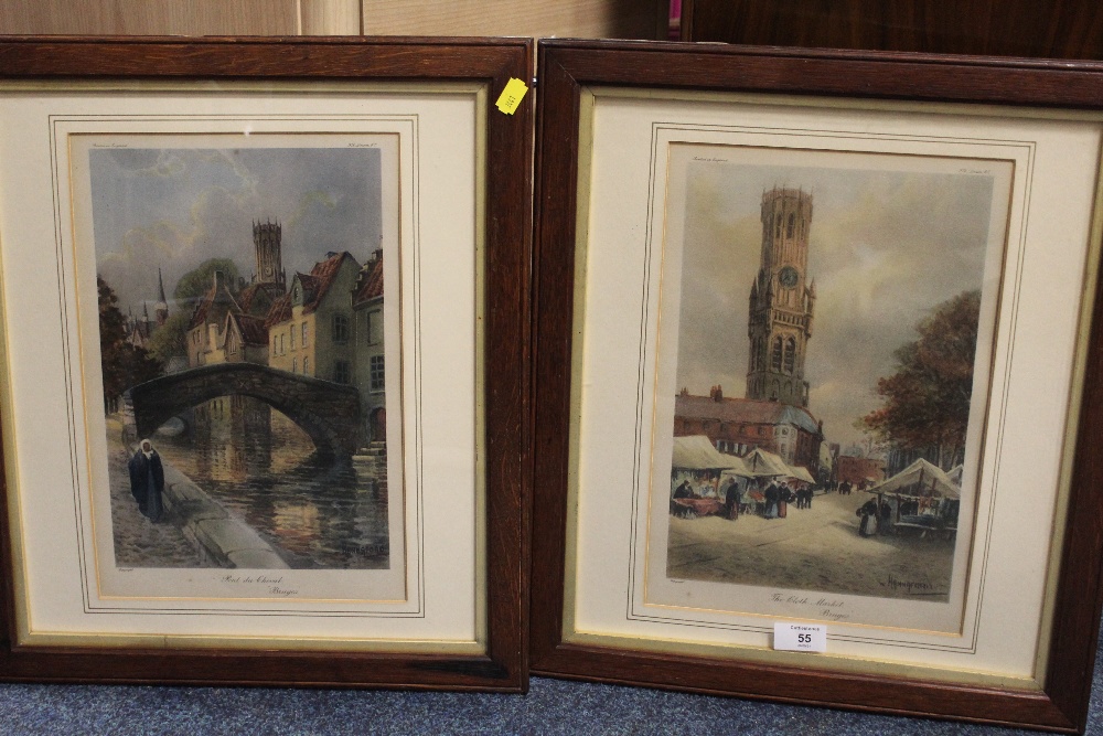 A PAIR OF FRAMED AND GLAZED COLOUR PRINTS OF BRUGES - THE CLOTH MARKET AND THE PONT DU CHAVAL,