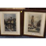 A PAIR OF FRAMED AND GLAZED COLOUR PRINTS OF BRUGES - THE CLOTH MARKET AND THE PONT DU CHAVAL,