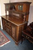 AN EARLY 20TH CENTURY MAHOGANY LEADED/ GLAZED CARVED SIDEBOARD W-168 CM S/D