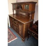 AN EARLY 20TH CENTURY MAHOGANY LEADED/ GLAZED CARVED SIDEBOARD W-168 CM S/D