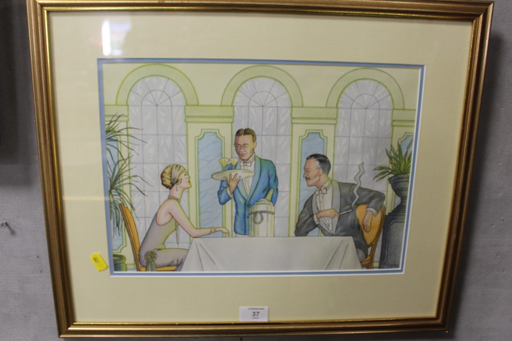 A FRAMED AND GLAZED WATERCOLOUR OF AN ART DECO RESTAURANT SCENE, SIGNED LOWER RIGHT, OVERALL - Image 2 of 2