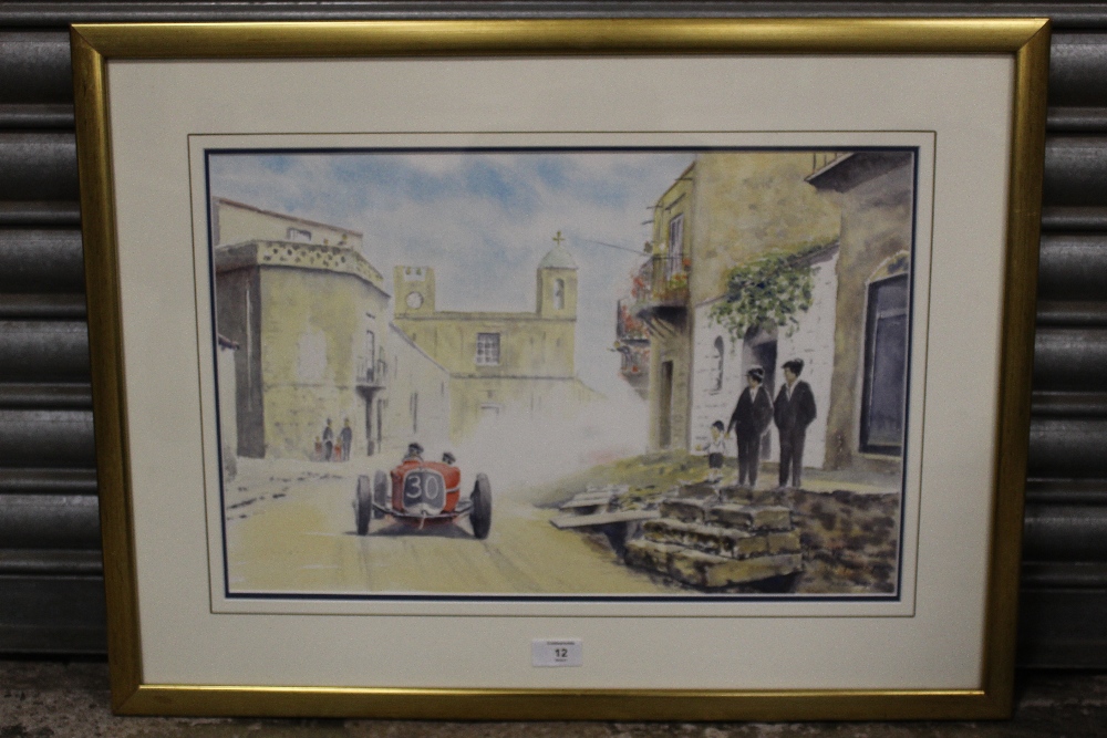 A FRAMED AND GLAZED WATERCOLOUR OF A CONTINENTAL AUTOMOBILE RACE, DETAILED LOWER RIGHT 'ACHILLE - Image 2 of 3