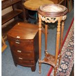 A MARBLE TOPPED JARDINAIRE STAND TOGETHER WITH A BEDSIDE BOWED CHEST (2)