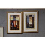 A PAIR OF FRAMED AND GLAZED POLISH SCHOOL GEOMETRIC ABSTRACT OIL ON BOARD SIGNED 'SUM' LOWER