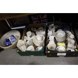 TWO TRAYS OF ASSORTED CERAMICS TO INCLUDE WEDGWOOD ETC., TOGETHER WITH A LARGE VINTAGE MIXING BOWL