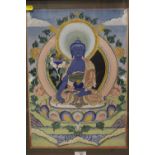A FRAMED AND GLAZED OIL PAINTING OF A DEITY, OVERALL HEIGHT 58 CM