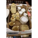 A TRAY OF PALISSY STONEWARE AND STANLEY BONE CHINA