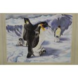 A FRAMED AND GLAZED WATERCOLOUR OF PENGUINS AND THEIR CHICKS SIGNED LIZ PODMORE 1987 LOWER RIGHT