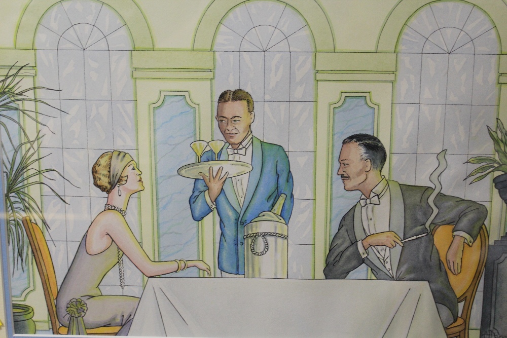 A FRAMED AND GLAZED WATERCOLOUR OF AN ART DECO RESTAURANT SCENE, SIGNED LOWER RIGHT, OVERALL