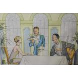 A FRAMED AND GLAZED WATERCOLOUR OF AN ART DECO RESTAURANT SCENE, SIGNED LOWER RIGHT, OVERALL