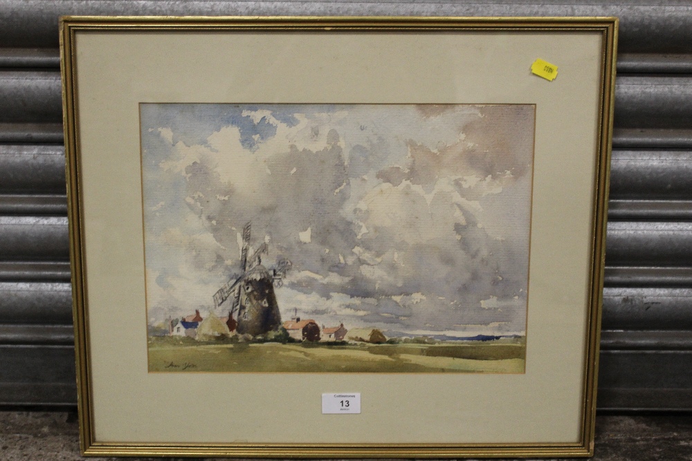 A FRAMED AND GLAZED WATERCOLOUR OF A NORFOLK WINDMILL BY ANN YATES, SIGNED LOWER LEFT, OVERALL - Image 3 of 3