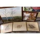 A QUANTITY OF PICTURES AND PRINTS TO INCLUDE AN OIL ON CARD SIGNED A. M. DAVENPORT AND THREE BIRD