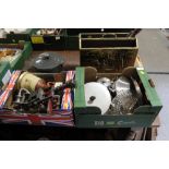 TWO TRAYS OF METALWARE ETC. TO INCLUDE A VINTAGE NUMBER STAMP WITH TURNED WOODEN HANDLE, LIDDED