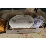 A TRAY OF VINTAGE MEAT AND SERVING PLATES, TOGETHER WITH A SMALL WOODEN RACK AND TWO PICTURES