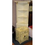 A CREAM PAINTED OPEN CORNER CUPBOARD TOGETHER WITH A SIMILAR CABINET (2)