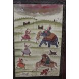 A LARGE FRAMED AND GLAZED SUB CONTINENTAL SCENE OF VILLAGERS ATTACKING TWO TIGERS, AN OIL PAINTING