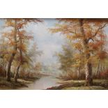 A LARGE GILT FRAMED OIL ON CANVAS OF A RIVER WOODLAND SCENE, SIGNED LOWER RIGHT, OVERALL HEIGHT 67