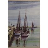 A FRAMED AND GLAZED PRINT OF SAIL BOATS MOORED IN A HARBOUR, BY TONY WARREN 1992, OVERALL HEIGHT