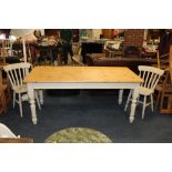 A MODERN LARGE PAINTED PINE FARMHOUSE STYLE TABLE H-77 L-184 CM AND TWO CHAIRS