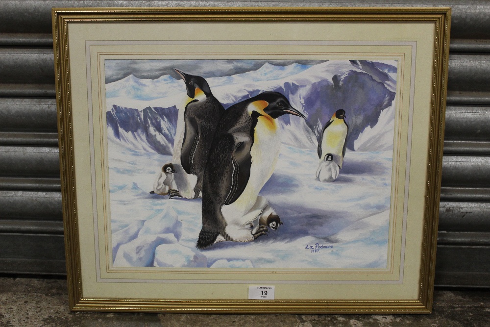 A FRAMED AND GLAZED WATERCOLOUR OF PENGUINS AND THEIR CHICKS SIGNED LIZ PODMORE 1987 LOWER RIGHT - Image 2 of 3