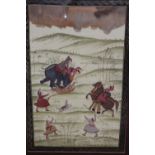 A LARGE FRAMED AND GLAZED SUB CONTINENTAL SCENE OF VILLAGERS ATTACKING A TIGER, AN OIL PAINTING ON