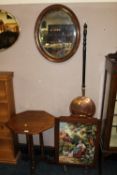 A MAHOGANY PEDESTAL TABLE, OVAL WALL MIRROR, WARMING PAN AND FIRESCREEN (4)