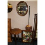 A MAHOGANY PEDESTAL TABLE, OVAL WALL MIRROR, WARMING PAN AND FIRESCREEN (4)