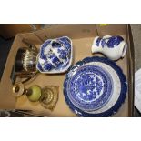 A QUANTITY OF BLUE AND WHITE CERAMICS, CANDLE STICKS ETC.