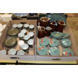 TWO TRAYS OF MAINLY STONEWARE TO INCLUDE LIDDED BOWLS, CUPS AND SAUCERS ETC