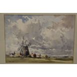 A FRAMED AND GLAZED WATERCOLOUR OF A NORFOLK WINDMILL BY ANN YATES, SIGNED LOWER LEFT, OVERALL