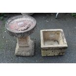 A BRICK EFFECT SQUARE PLANTER TOGETHER WITH A BIRD BATH (2)