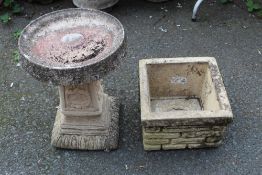 A BRICK EFFECT SQUARE PLANTER TOGETHER WITH A BIRD BATH (2)