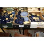THREE TRAYS OF MAINLY DENBY BLUE STONEWARE TO INCLUDE LIDDED BOWLS, JUGS, ETC