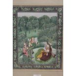 A FRAMED AND GLAZED SUB CONTINENTAL OIL PAINTING OF PEOPLE IN AN ORCHARD, OVERALL HEIGHT 38.5 CM
