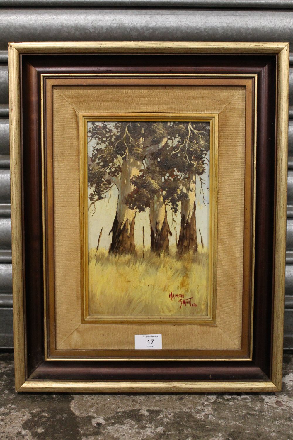 A FRAMED OIL ON BOARD STUDY OF TREE TRUNKS, SIGNED MALACHI SMITH LOWER RIGHT, OVERALL HEIGHT 48 CM - Image 2 of 3