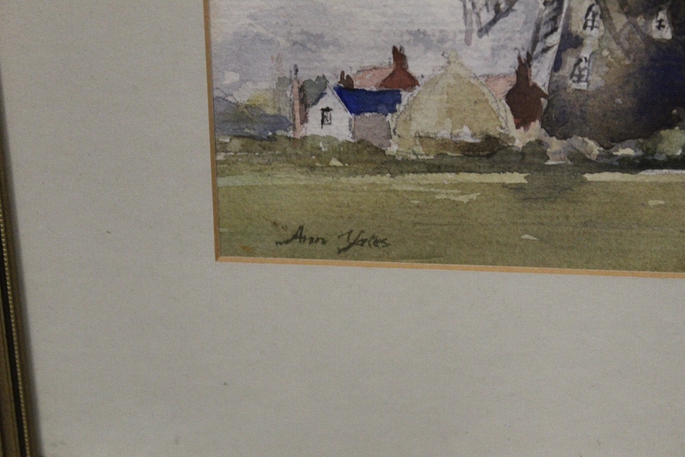 A FRAMED AND GLAZED WATERCOLOUR OF A NORFOLK WINDMILL BY ANN YATES, SIGNED LOWER LEFT, OVERALL - Image 2 of 3