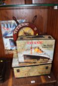 A TITANIC INTEREST REPRODUCTION SHIPS WHEEL, TWO TRAVEL CASES AND A SIGN