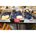 THREE TRAYS OF MAINLY DENBY BLUE STONEWARE TO INCLUDE LIDDED CASSEROLE DISHES,EGG CUPS, BOWLS ETC