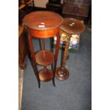 AN OAK BARLEYTWIST PLANT STAND AND A MAHOGANY EXAMPLE (2)