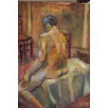 BARBARA STEWART (XX). Study of a male nude, unsigned, oil on board, unframed, 61 x 76 cm