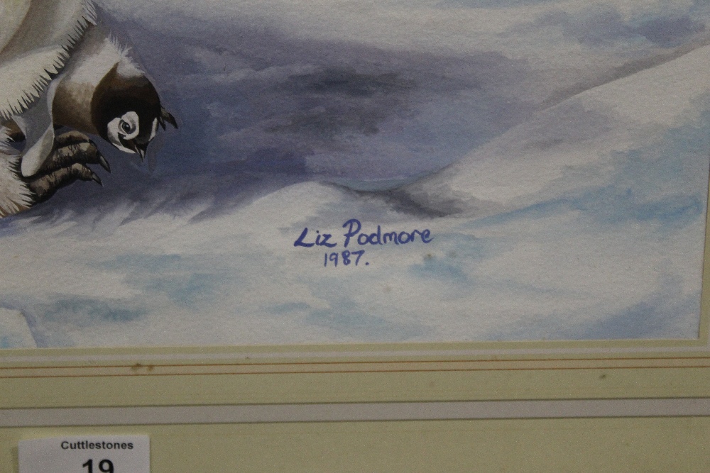 A FRAMED AND GLAZED WATERCOLOUR OF PENGUINS AND THEIR CHICKS SIGNED LIZ PODMORE 1987 LOWER RIGHT - Image 3 of 3