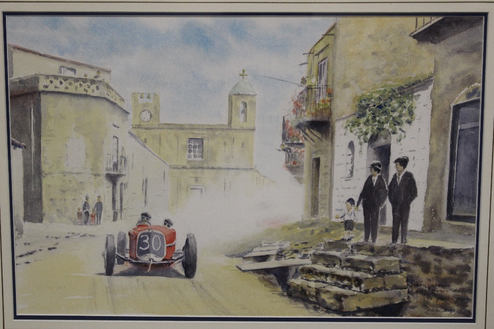 A FRAMED AND GLAZED WATERCOLOUR OF A CONTINENTAL AUTOMOBILE RACE, DETAILED LOWER RIGHT 'ACHILLE