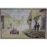 A FRAMED AND GLAZED WATERCOLOUR OF A CONTINENTAL AUTOMOBILE RACE, DETAILED LOWER RIGHT 'ACHILLE