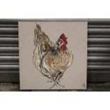 AN OIL ON CANVAS OF A CHICKEN, SIGNED LOWER RIGHT, OVERALL HEIGHT 50 CM