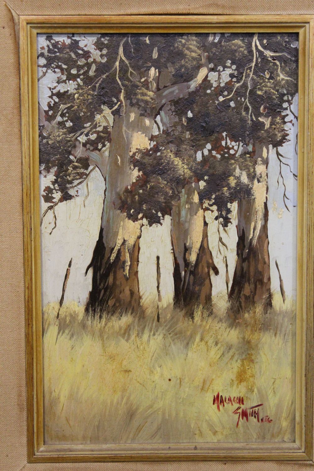 A FRAMED OIL ON BOARD STUDY OF TREE TRUNKS, SIGNED MALACHI SMITH LOWER RIGHT, OVERALL HEIGHT 48 CM