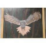 A LARGE FRAMED OIL ON CANVAS OF AN OWL IN FLIGHT, INDISTINCTLY SIGNED LOWER RIGHT - SIZE 98 CM X
